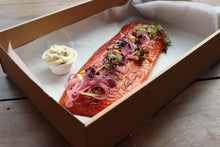 Load image into Gallery viewer, Hot smoked applewood salmon with citrus and caper creme fraiche