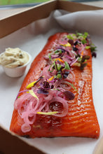 Load image into Gallery viewer, Hot smoked applewood salmon with citrus and caper creme fraiche