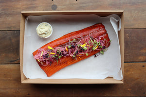Hot smoked applewood salmon with citrus and caper creme fraiche