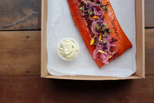 Load image into Gallery viewer, Hot smoked applewood salmon with citrus and caper creme fraiche