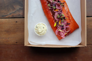 Hot smoked applewood salmon with citrus and caper creme fraiche